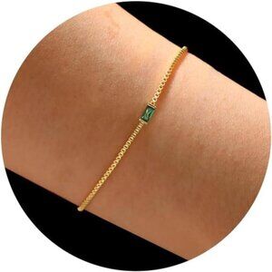 Gold Birthstone Bracelet Dainty Link Chain Baguette Stone Gift For Women
